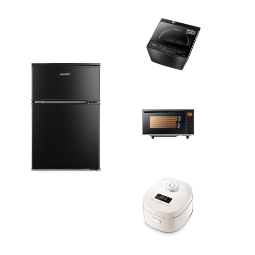 【家電セット 4点】 コンフィー(COMFEE') 冷蔵庫90L黒+洗濯機5.5kg黒+電子レンジ17L(フラットテーブル)+炊飯器4合 一人暮らし 新生活家電セット